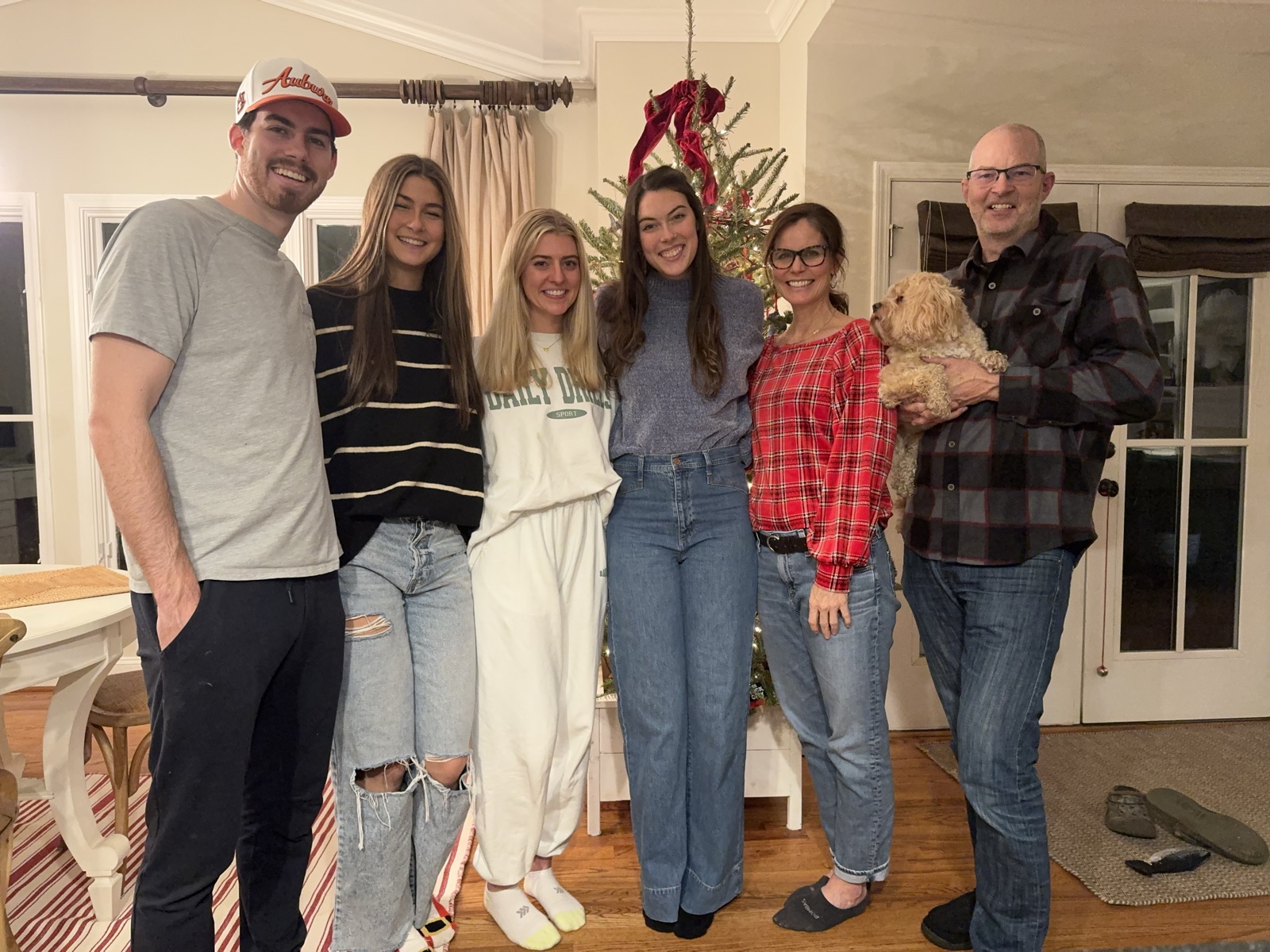 Jeff with his wife, kids, and dog Earl at Christmas